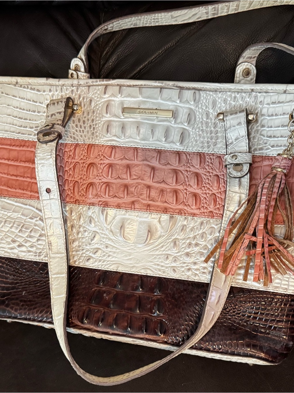 Brahmin White, Coral & Brown Croc-Embossed Leather Tote